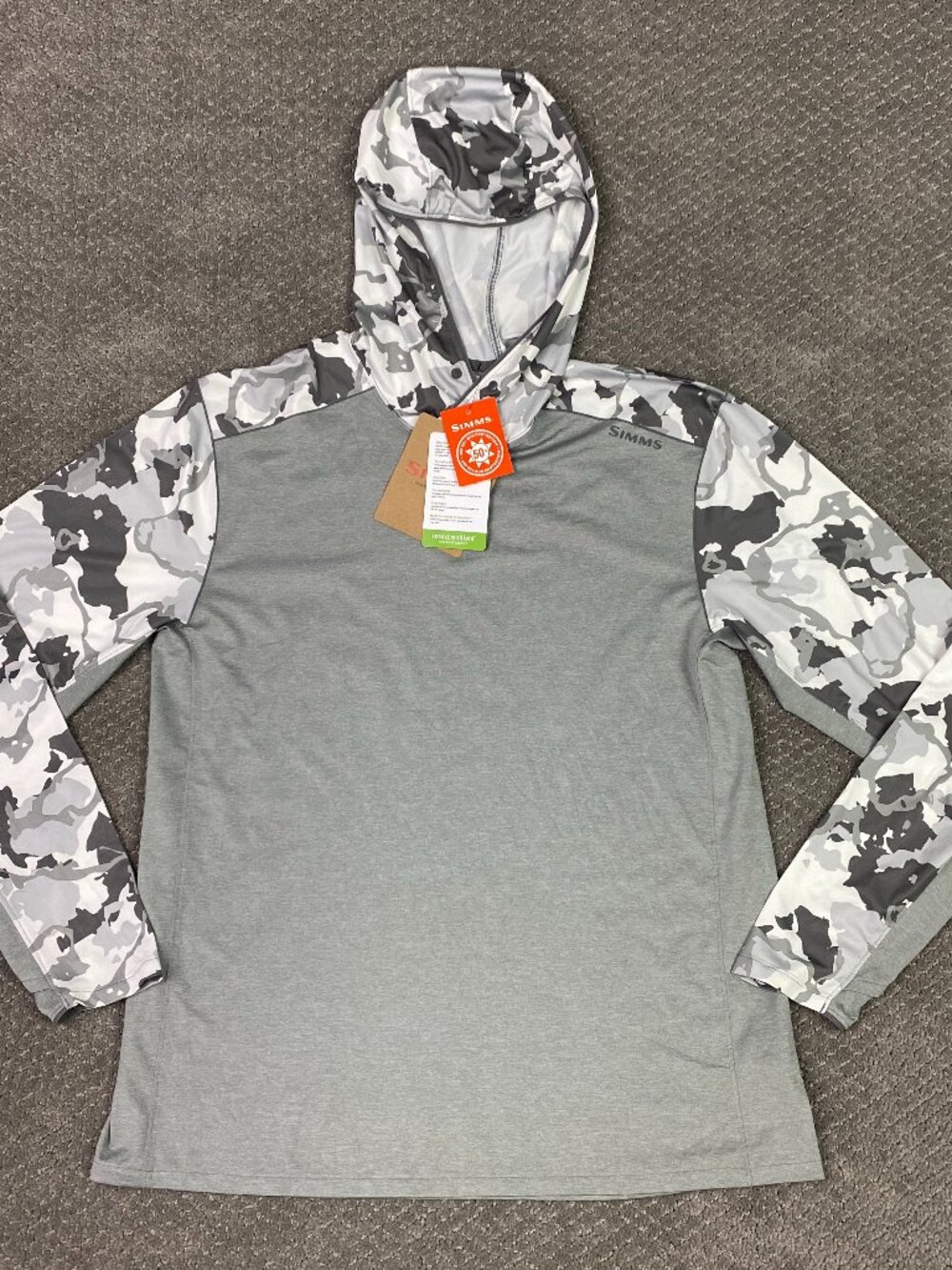 Simms Bugstopper Solarflex Hoody Hoodie Mens Medium Cinder Gray Camo Hiking